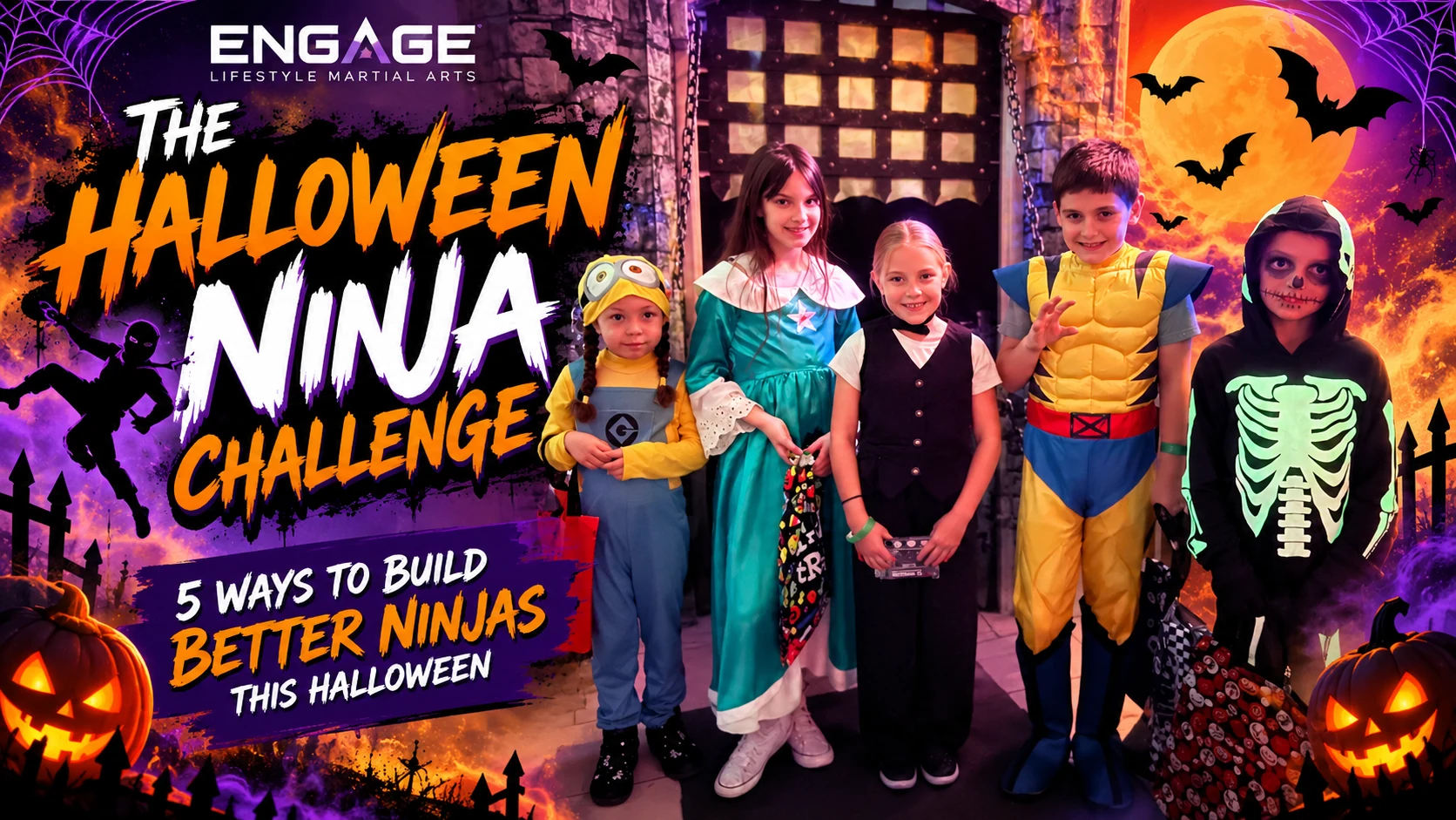 Engage children in Halloween costumes beneath The Halloween Ninja Challenge banner, with illustrated pumpkins and playful seasonal details
