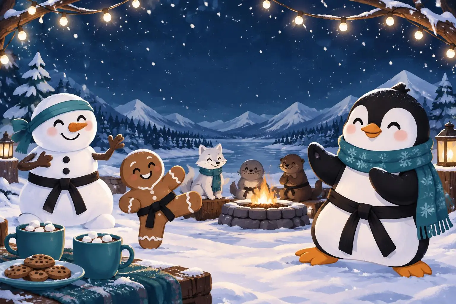 Winter illustration of a snowman, penguin, gingerbread friend, cookies and cocoa